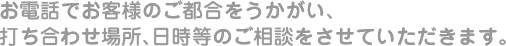 お電話でお客様のご都合をうかがい、打ち合わせ場所、日時等のご相談をさせていただきます。